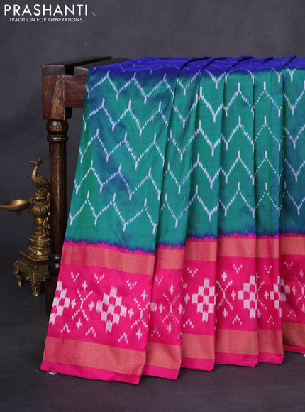 Pochampally silk saree dual shade of teal green and pink with allover zig zag ikat weaves and zari woven border