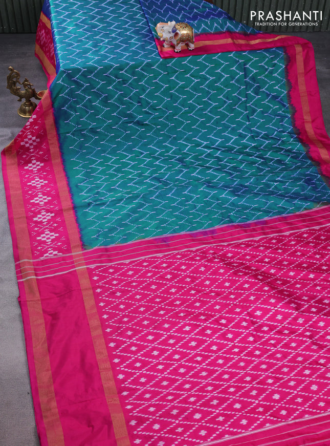 Pochampally silk saree dual shade of teal green and pink with allover zig zag ikat weaves and zari woven border