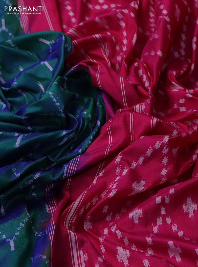 Pochampally silk saree dual shade of teal green and pink with allover zig zag ikat weaves and zari woven border
