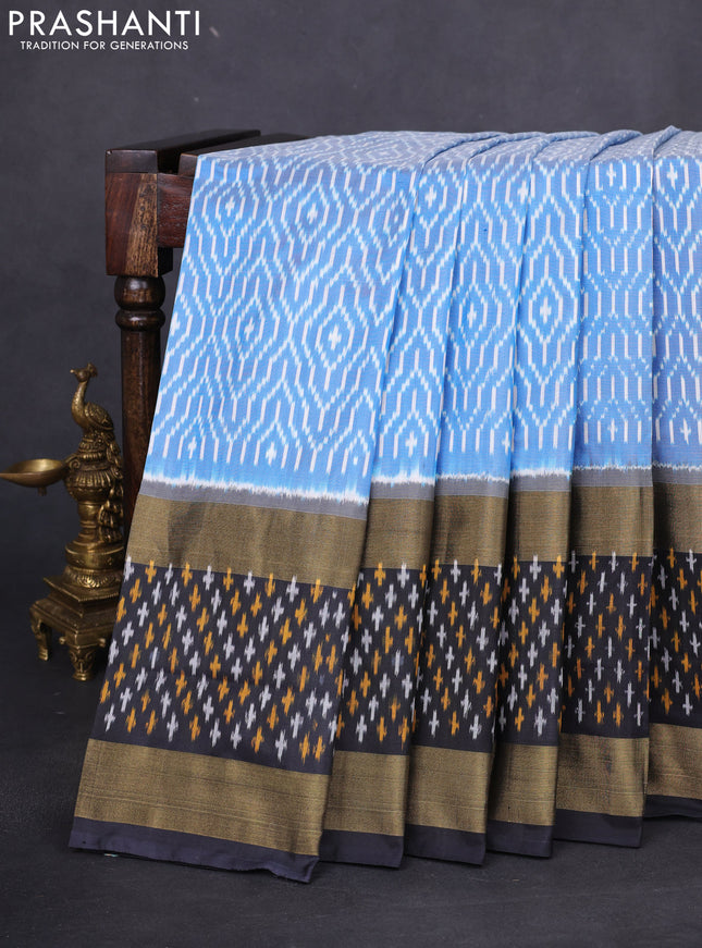 Pochampally silk saree blue and black with allover ikat weaves and long zari woven ikat border