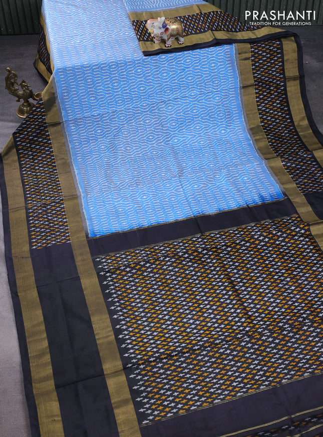 Pochampally silk saree blue and black with allover ikat weaves and long zari woven ikat border