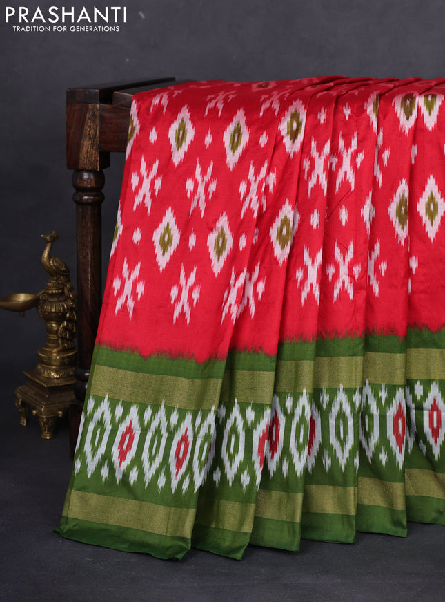 Pochampally silk saree red and sap green with allover ikat butta weaves and long zari woven ikat border