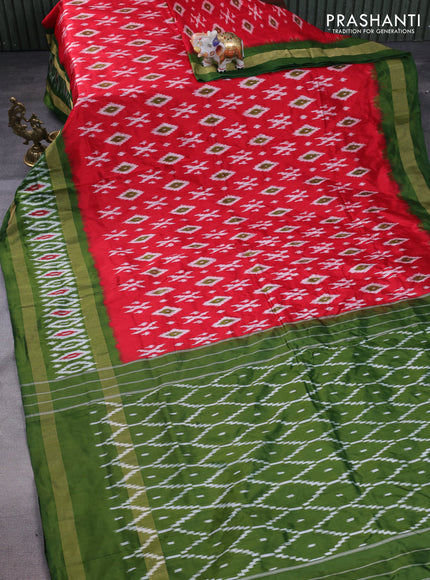 Pochampally silk saree red and sap green with allover ikat butta weaves and long zari woven ikat border