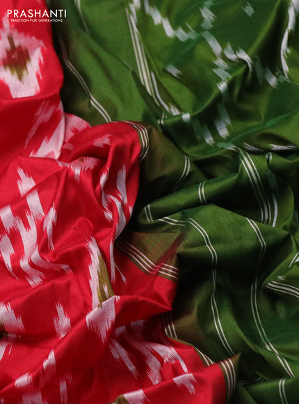 Pochampally silk saree red and sap green with allover ikat butta weaves and long zari woven ikat border