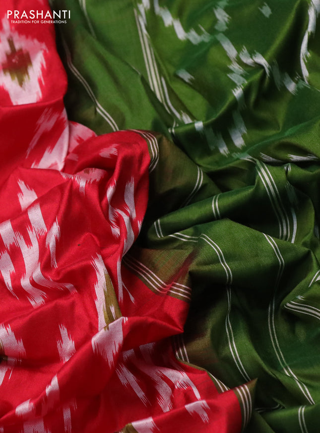 Pochampally silk saree red and sap green with allover ikat butta weaves and long zari woven ikat border