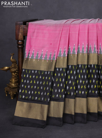 Pochampally silk saree pink and black with plain body and long temple ikat woven zari border