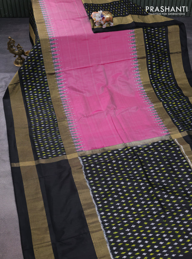 Pochampally silk saree pink and black with plain body and long temple ikat woven zari border
