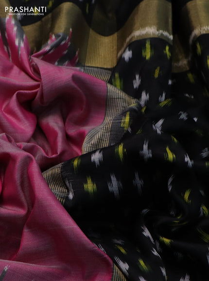 Pochampally silk saree pink and black with plain body and long temple ikat woven zari border