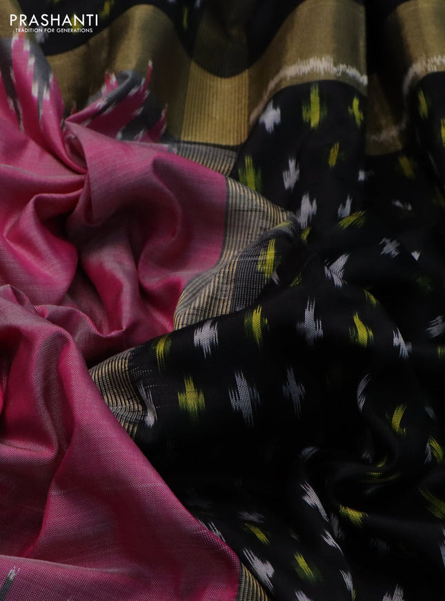 Pochampally silk saree pink and black with plain body and long temple ikat woven zari border