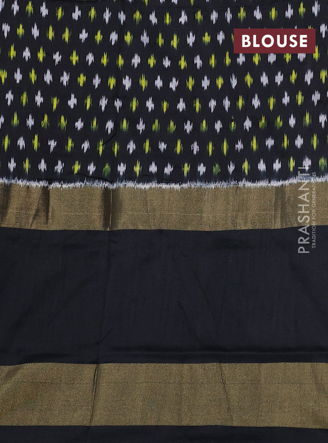 Pochampally silk saree pink and black with plain body and long temple ikat woven zari border