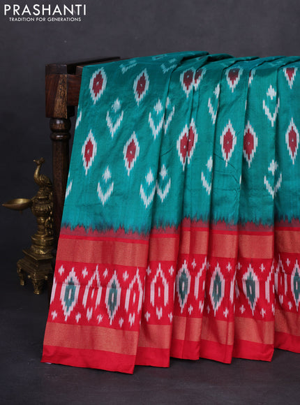 Pochampally silk saree teal green and red with allover ikat butta weaves and long zari woven ikat border