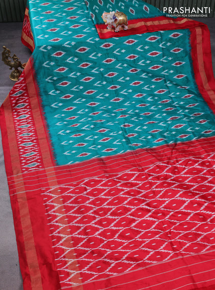 Pochampally silk saree teal green and red with allover ikat butta weaves and long zari woven ikat border