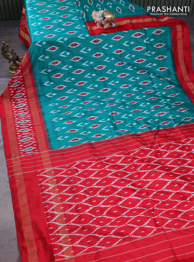 Pochampally silk saree teal green and red with allover ikat butta weaves and long zari woven ikat border