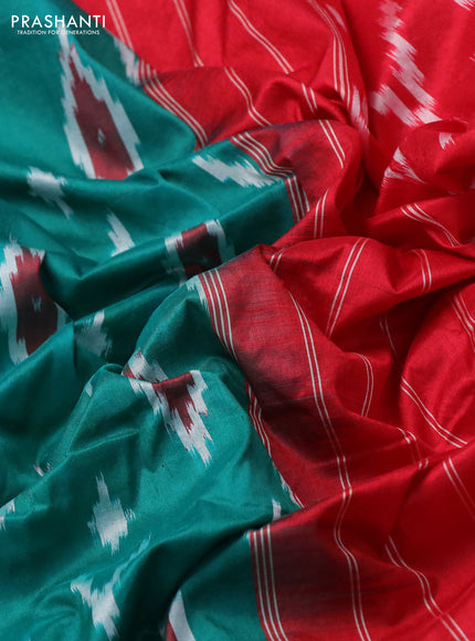 Pochampally silk saree teal green and red with allover ikat butta weaves and long zari woven ikat border