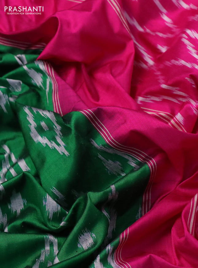 Pochampally silk saree green and pink with allover ikat butta weaves and ikat woven zari border