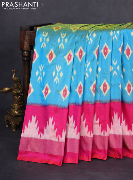 Pochampally silk saree dual shade of teal blue and pink with allover ikat butta weaves and temple design zari woven border