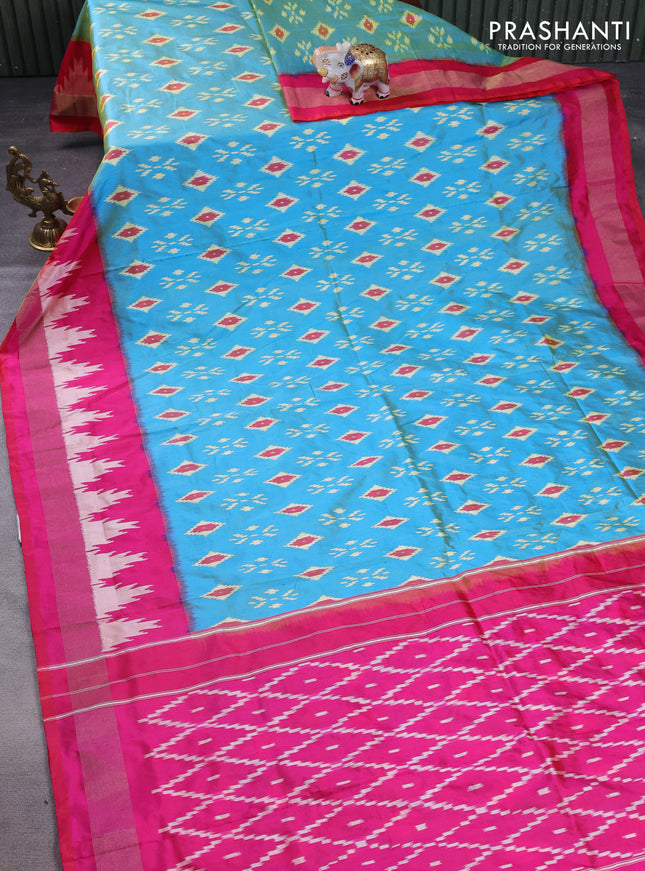 Pochampally silk saree dual shade of teal blue and pink with allover ikat butta weaves and temple design zari woven border