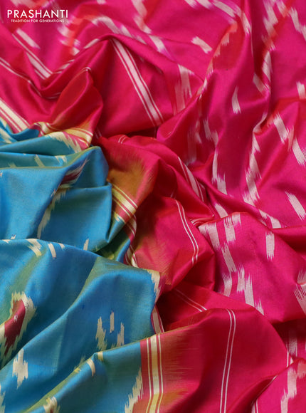Pochampally silk saree dual shade of teal blue and pink with allover ikat butta weaves and temple design zari woven border