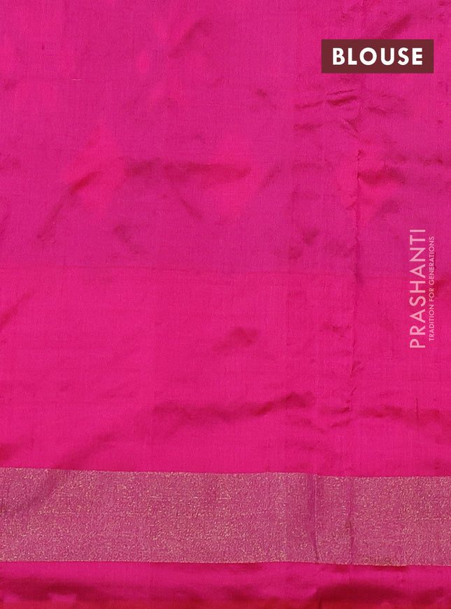 Pochampally silk saree dual shade of teal blue and pink with allover ikat butta weaves and temple design zari woven border