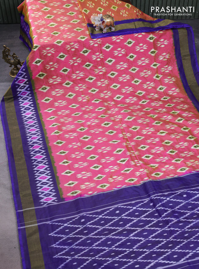 Pochampally silk saree dual shade of pink and blue with allover ikat butta weaves and long ikat woven zari border