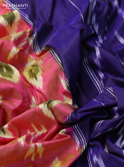 Pochampally silk saree dual shade of pink and blue with allover ikat butta weaves and long ikat woven zari border
