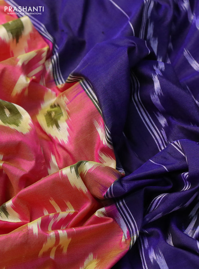 Pochampally silk saree dual shade of pink and blue with allover ikat butta weaves and long ikat woven zari border