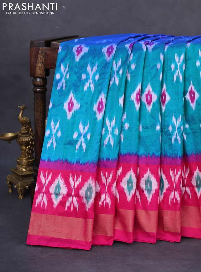 Pochampally silk saree dual shade of teal green and pink with allover ikat butta weaves and long ikat woven zari border