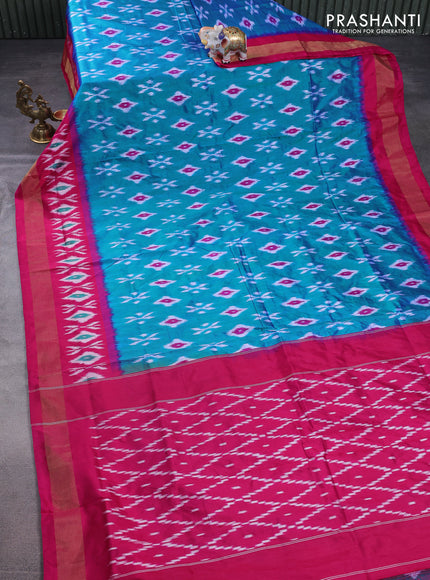 Pochampally silk saree dual shade of teal green and pink with allover ikat butta weaves and long ikat woven zari border