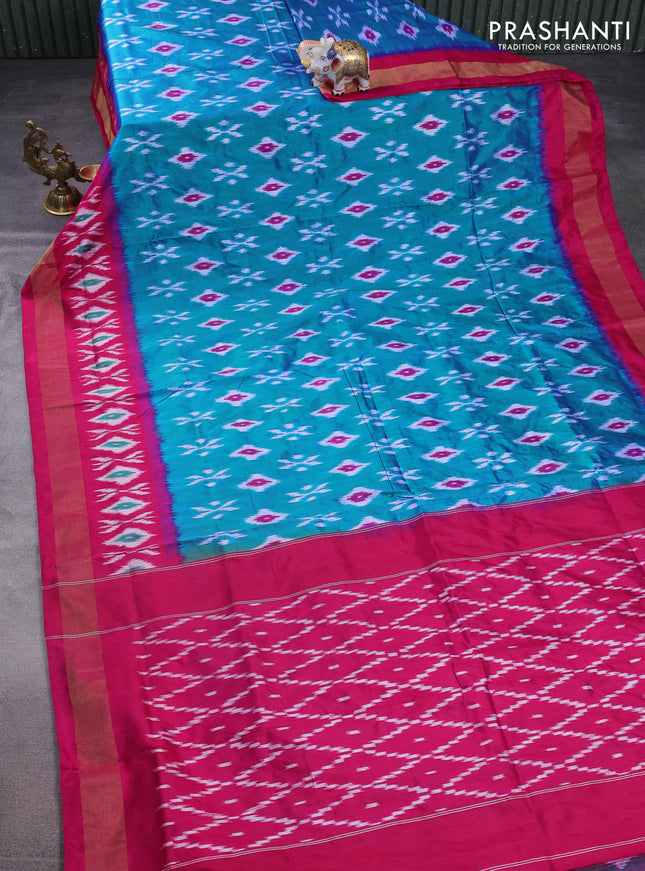 Pochampally silk saree dual shade of teal green and pink with allover ikat butta weaves and long ikat woven zari border