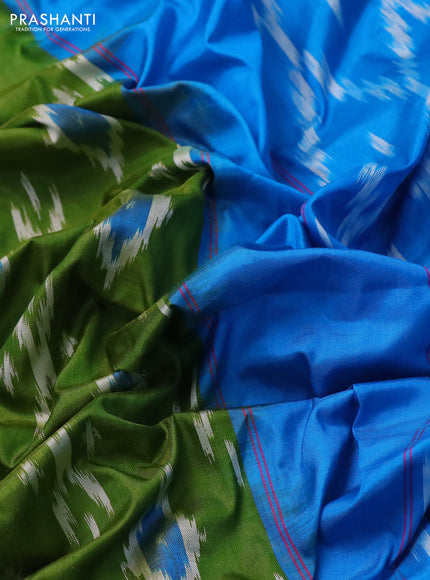 Pochampally silk saree light green and cs blue with allover ikat butta weaves and long ikat woven zari border