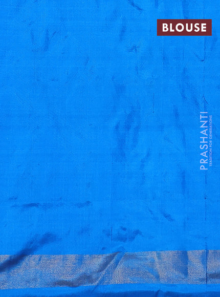 Pochampally silk saree light green and cs blue with allover ikat butta weaves and long ikat woven zari border