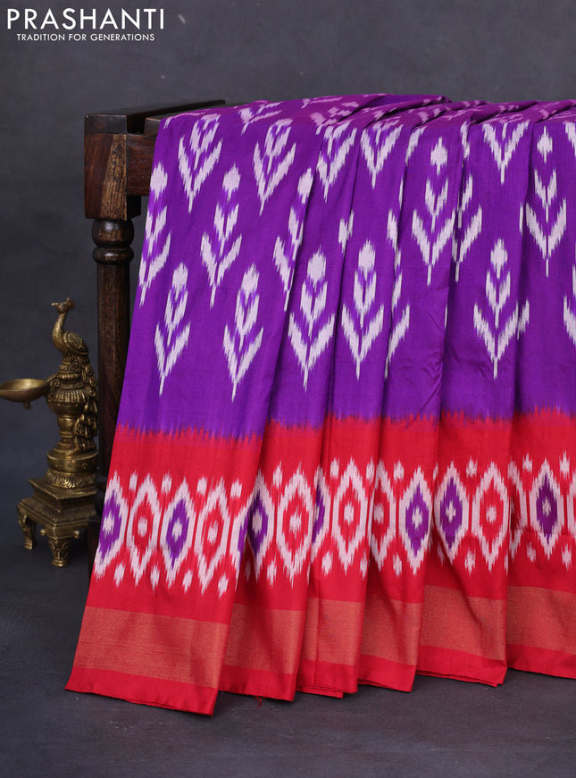 Pochampally silk saree purple shade and red with allover ikat butta weaves and long ikat woven zari border