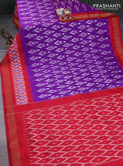 Pochampally silk saree purple shade and red with allover ikat butta weaves and long ikat woven zari border