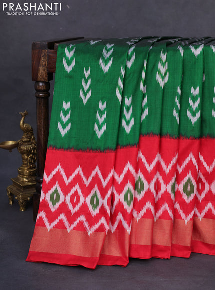 Pochampally silk saree green and red with allover ikat butta weaves and long ikat woven zari border