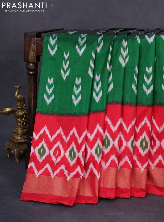 Pochampally silk saree green and red with allover ikat butta weaves and long ikat woven zari border