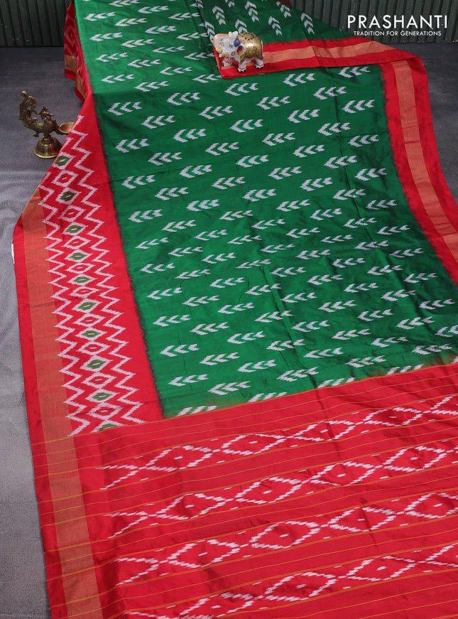 Pochampally silk saree green and red with allover ikat butta weaves and long ikat woven zari border