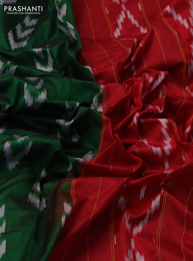 Pochampally silk saree green and red with allover ikat butta weaves and long ikat woven zari border