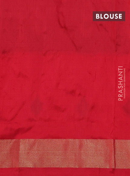 Pochampally silk saree green and red with allover ikat butta weaves and long ikat woven zari border