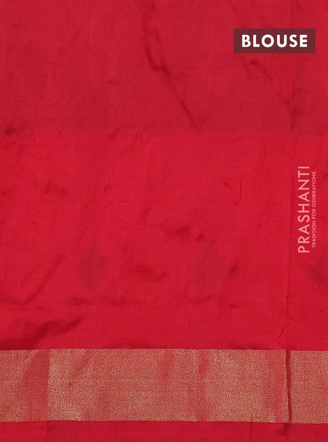 Pochampally silk saree green and red with allover ikat butta weaves and long ikat woven zari border