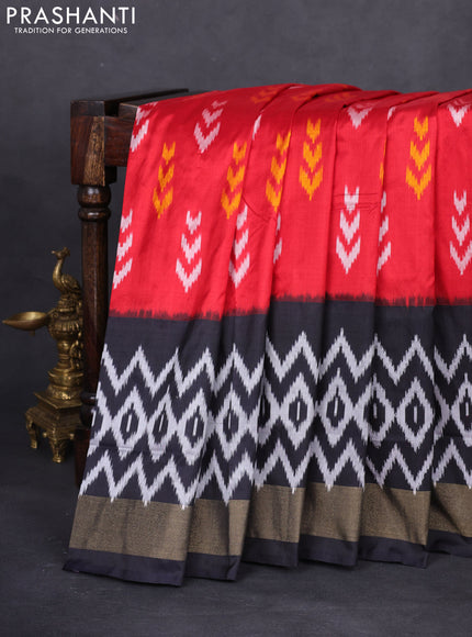 Pochampally silk saree red and black with allover ikat butta weaves and long ikat woven zari border