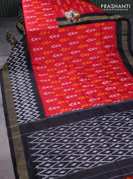 Pochampally silk saree red and black with allover ikat butta weaves and long ikat woven zari border