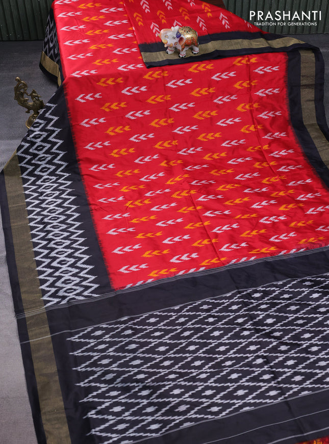 Pochampally silk saree red and black with allover ikat butta weaves and long ikat woven zari border