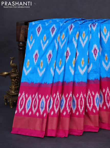 Pochampally silk saree cs blue and pink with allover ikat butta weaves and long ikat woven zari border