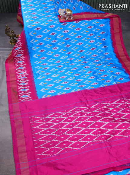 Pochampally silk saree cs blue and pink with allover ikat butta weaves and long ikat woven zari border