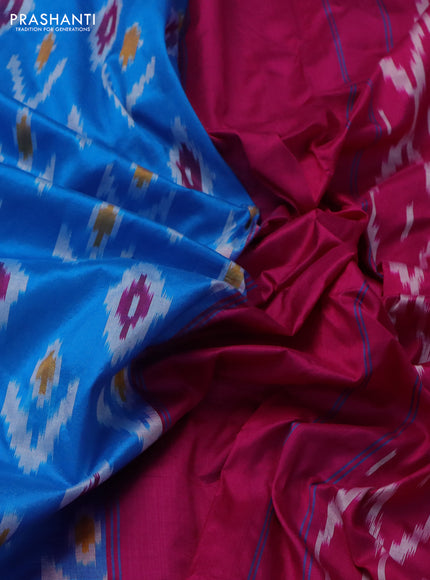 Pochampally silk saree cs blue and pink with allover ikat butta weaves and long ikat woven zari border