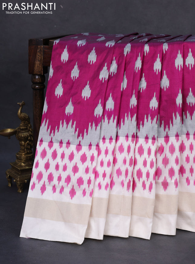Pochampally silk saree dark magenta pink and cream with allover ikat butta weaves and long ikat woven zari border