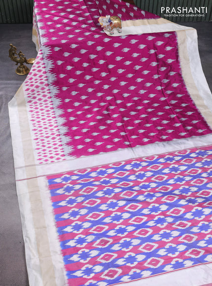 Pochampally silk saree dark magenta pink and cream with allover ikat butta weaves and long ikat woven zari border