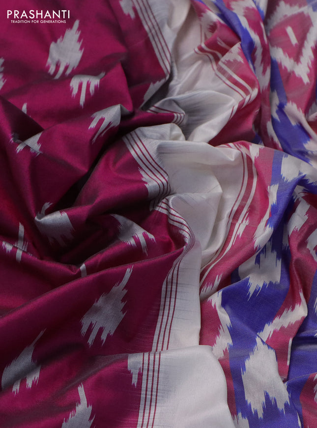 Pochampally silk saree dark magenta pink and cream with allover ikat butta weaves and long ikat woven zari border