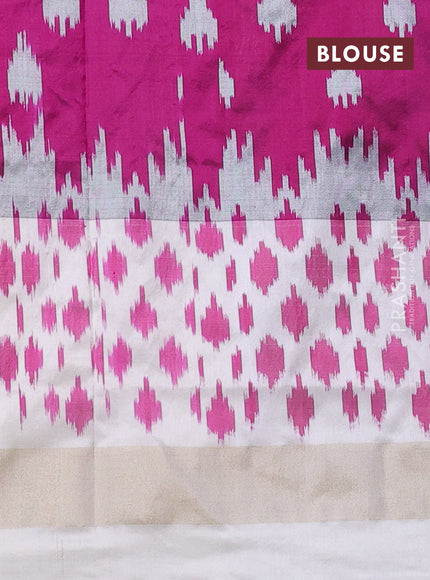 Pochampally silk saree dark magenta pink and cream with allover ikat butta weaves and long ikat woven zari border