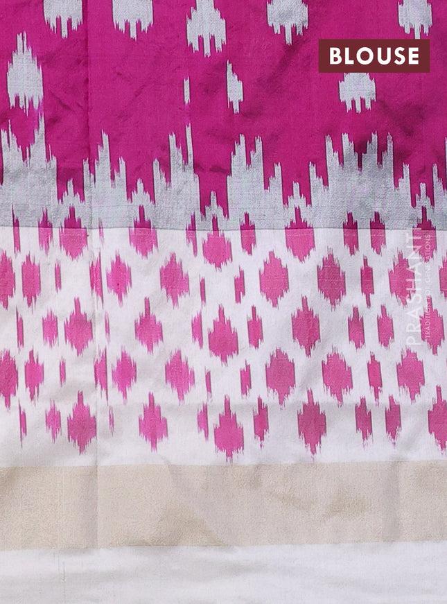 Pochampally silk saree dark magenta pink and cream with allover ikat butta weaves and long ikat woven zari border